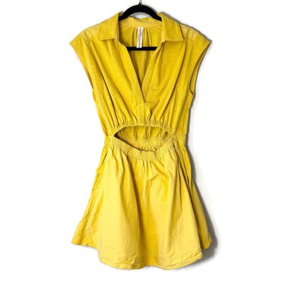 Anthropologie Mustard Yellow Cutout Short Sleeved Cotton Blend Mini Dress Small - Picture 2 of 7